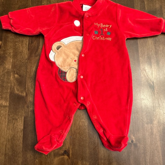 VTG 1st Baby Christmas Outfit 0-3 Month Velvet Teddy Bear Holiday Santa 🎄🧸 - Picture 1 of 6